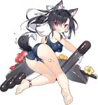 :d animal_ears ass azur_lane bare_legs barefoot black_hair full_body holding long_hair looking_at_viewer machinery official_art one-piece_swimsuit open_mouth red_eyes saru school_swimsuit shigure_(azur_lane) smile solo swimsuit tachi-e tail torpedo torpedo_tubes transparent_background v-shaped_eyebrows wolf_ears wolf_tail 
