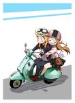  &gt;_&lt; absurdres bag bangs blonde_hair blue_pants blush boots brown_hair brown_legwear closed_mouth d: driving embarrassed frown goggles goggles_on_headwear green_skirt ground_vehicle hair_between_eyes helmet highres hone_(honehone083) hoshii_miki hug hug_from_behind idolmaster idolmaster_(classic) jacket jewelry long_hair minase_iori motor_vehicle multiple_girls necklace open_mouth pants sanpaku scooter shadow shirt shoes shoulder_bag sitting skirt socks sticker wavy_mouth white_background 