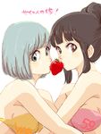  bare_shoulders black_eyes black_hair blue_eyes blue_hair bra breasts bulma chi-chi_(dragon_ball) dragon_ball dragon_ball_z eyebrows_visible_through_hair food fruit locked_arms looking_at_viewer medium_breasts miiko_(drops7) multiple_girls orange_bra pink_bra short_hair simple_background strapless strapless_bra strawberry tied_hair translated underwear white_background 