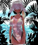  bakuya black_gloves black_hair competition_swimsuit covered_navel cowboy_shot gloves grey_hair highres kemono_friends lips long_hair looking_at_viewer low_ponytail multicolored_hair one-piece_swimsuit orange_hair see-through shoebill_(kemono_friends) side_ponytail silver_hair solo standing staring swimsuit tsurime wading wet 