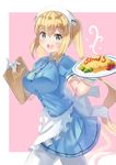  :d absurdres apron blend_s blonde_hair blue_dress blue_eyes blush breasts cherry_tomato collared_dress commentary_request copyright_name dress english eyebrows_visible_through_hair food food_writing frilled_apron frills from_side gloves hair_between_eyes head_scarf highres hinata_kaho holding holmemee ketchup large_breasts long_hair looking_at_viewer menu omurice open_mouth pantyhose pink_background pinky_out plate puffy_short_sleeves puffy_sleeves short_sleeves smile solo stile_uniform twintails very_long_hair waist_apron waitress white_apron white_gloves white_legwear 