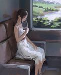  bare_arms bare_shoulders black_hair book brown_eyes dress from_side highres holding holding_book long_hair looking_at_viewer looking_to_the_side open_book original sash seat sitting solo sundress train_interior tree treeware white_dress window 