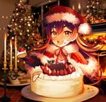  :d blurry blurry_background brown_eyes brown_hair cake candle candlestand christmas christmas_tree eating fire fireplace flame food food_on_face fruit fur_trim gift hat holly ilya_(princess_connect) indoors long_hair open_mouth photo_background plate princess_connect! santa_hat sitting smile strawberry tahnya 