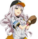  :d alternate_costume bangs baseball_cap baseball_mitt baseball_uniform blunt_bangs commentary_request grey_hair hanshin_tigers hat idolmaster idolmaster_(classic) long_hair looking_at_viewer nippon_professional_baseball open_mouth pink_eyes shijou_takane shirt short_sleeves simple_background skirt smile solo sportswear striped striped_shirt tuxedo_de_cat upper_body vertical-striped_shirt vertical_stripes white_background wristband yellow_skirt 