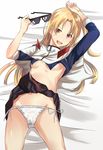  :d anchor azur_lane bed_sheet breasts cleveland_(azur_lane) commentary_request deal_with_it eyewear_removed holding holding_eyewear light_brown_hair long_hair looking_at_viewer lying navel no_bra open_mouth panties red_eyes side-tie_panties small_breasts smile solo sunglasses sweat takeume underboob underwear white_panties 
