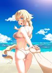  armor ass beach bikini blonde_hair blue_eyes blue_sky cloud cowboy_shot day fate/apocrypha fate/grand_order fate_(series) holding_hands jeanne_d'arc_(fate) jeanne_d'arc_(fate)_(all) long_hair looking_at_viewer looking_back ocean out_of_frame outdoors pointing pov pov_hands shiroi_ume sky solo_focus swimsuit white_bikini 