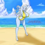  1girl beach blue_skin breasts cleavage colored dicasty dragon_ball dragon_ball_super eyelashes large_breasts long_hair looking_at_viewer makeup open_mouth parted_lips ponytail pose purple_eyes purple_lipstick shiny shiny_skin smile tongue vados_(dragon_ball) water white_hair 