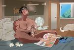  1boy akamaru_(naruto) bed body_hair cum dog_days_radio foreskin inuzuka_kiba male_focus masturbation muscle naruto nude pecs penis_grab sitting solo 