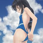  adjusting_clothes adjusting_swimsuit akagi_(fmttps) ass bare_back black_hair blue_sky blue_swimsuit brown_eyes closed_mouth cloud cloudy_sky competition_swimsuit cowboy_shot day expressionless girls_und_panzer halter_top halterneck lips long_hair low-tied_long_hair one-piece_swimsuit outdoors profile reizei_mako sky solo swimsuit 