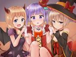  &gt;:) :d blue_eyes breasts cleavage commentary_request couch demon_girl demon_tail demon_wings detached_collar hair_ornament halloween hat holding_hands hoshikawa_hotaru light_brown_hair long_hair looking_at_viewer mini_hat multiple_girls new_game! open_mouth purple_eyes purple_hair racchi. sakura_nene short_hair silver_eyes silver_hair sitting small_breasts smile suzukaze_aoba tail twintails v-shaped_eyebrows wings witch_hat 