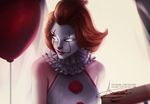  alexandra_mae artist_name balloon banned_artist bare_shoulders breasts clown collar frilled_collar frills genderswap genderswap_(mtf) glowing glowing_eyes it_(stephen_king) large_breasts lipstick makeup open_mouth pennywise red_hair red_lipstick signature smile solo watermark web_address 