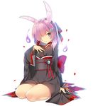  alternate_hairstyle animal_ears arm_at_side azur_lane black_kimono blue_eyes blush bunny_ears cherry_blossoms choker commentary_request cosplay fake_animal_ears fire flame full_body hair_ornament hair_over_one_eye hairclip hairpin hand_on_own_chest hand_up hatori_piyoko hitodama japanese_clothes kantai_collection kemonomimi_mode kimono long_sleeves looking_at_viewer namesake obi pale_skin parted_lips petals pink_hair purple_fire red_neckwear sash seiza shiranui_(azur_lane) shiranui_(azur_lane)_(cosplay) shiranui_(kantai_collection) simple_background sitting solo wariza white_background wide_sleeves 