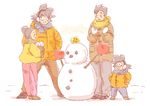  3boys black_eyes black_hair brothers chi-chi_(dragon_ball) closed_eyes dragon_ball dragon_ball_(object) dragon_ball_z earmuffs family father_and_son gloves happy miiko_(drops7) mother_and_son multiple_boys open_mouth scarf siblings simple_background smile snow snowman son_gohan son_gokuu son_goten stick text_focus white_background winter_clothes 