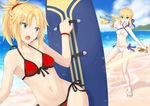  ahoge aiming arm_up artoria_pendragon_(all) artoria_pendragon_(swimsuit_archer) ass_visible_through_thighs bangs bare_arms bare_legs bare_shoulders beach bikini black_ribbon blonde_hair blue_eyes blue_ribbon blue_sky braid breasts breasts_apart cleavage cloud cloudy_sky collarbone criss-cross_halter day fate/apocrypha fate/grand_order fate/stay_night fate_(series) french_braid front-tie_bikini front-tie_top glowing glowing_sword glowing_weapon hair_ribbon halterneck highres holding holding_sword holding_weapon legs_apart long_hair mordred_(fate)_(all) mordred_(swimsuit_rider)_(fate) multiple_girls navel ocean outdoors parted_bangs ponytail red_bikini ribbon sandals shiny shiny_hair short_hair side-tie_bikini sidelocks sky small_breasts stomach surfboard sweat swimsuit sword tsurime upper_body water_gun weapon white_bikini wristband zilaishui 
