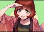  artist_request brown_eyes collarbone doyagao grin happi idolmaster idolmaster_cinderella_girls japanese_clothes kimono looking_at_viewer red_hair shading_eyes short_hair smile smirk solo ueda_suzuho 