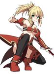  bandeau bangs black_legwear blonde_hair breasts clarent closed_mouth detached_sleeves eyebrows_visible_through_hair fate/apocrypha fate_(series) full_body green_eyes half_updo holding holding_sword holding_weapon long_hair looking_at_viewer mordred_(fate) mordred_(fate)_(all) parted_bangs ponytail red_footwear serious shiseki_hirame sidelocks simple_background small_breasts solo squatting sword thighhighs weapon white_background 