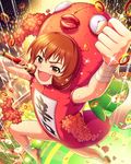  brown_eyes cosplay eyebrows_visible_through_hair food highres idolmaster idolmaster_cinderella_girls kigurumi looking_at_viewer microphone official_art open_mouth red_hair short_hair smile thighs ueda_suzuho 