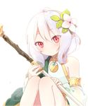  bad_id bad_pixiv_id bare_shoulders collar detached_sleeves kokkoro_(princess_connect!) looking_at_viewer pointy_ears princess_connect! princess_connect!_re:dive red_eyes sal sitting solo staff wet wet_hair white_background white_hair 