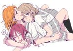  :d ;) ^_^ ahoge blue_eyes brown_hair closed_eyes from_side girl_sandwich hair_ornament hairclip highres hug kougi_hiroshi long_hair looking_at_viewer love_live! love_live!_sunshine!! lying lying_on_person multiple_girls on_back on_stomach one_eye_closed open_mouth orange_hair pile-up pink_eyes profile red_hair sailor_collar sakurauchi_riko sandwiched school_uniform serafuku short_hair skirt smile sweatdrop takami_chika uranohoshi_school_uniform v watanabe_you white_background 