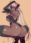  1girl ass bare_shoulders blonde_hair blue_eyes breasts dark_skin female large_breasts leotard long_hair looking_at_viewer looking_back negresco shiny_skin sketch solo squatting t-elos underboob xenosaga 