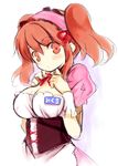  :o asahina_mikuru bangs breasts cleavage corset dress eyebrows_visible_through_hair frilled_hairband frills hair_between_eyes hairband hands_on_own_chest kurasuke large_breasts looking_at_viewer looking_to_the_side name_tag neck_ribbon orange_eyes orange_hair parted_lips pink_dress puffy_short_sleeves puffy_sleeves red_ribbon ribbon short_sleeves sidelocks simple_background sketch solo suzumiya_haruhi_no_yuuutsu twintails upper_body waitress white_background wrist_cuffs 