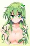  areolae bangs blush breast_hold breasts closed_mouth collarbone commentary frog_hair_ornament gradient_hair green_eyes green_hair hair_between_eyes hair_ornament hair_over_breasts hair_tubes hair_twirling highres kochiya_sanae large_breasts long_hair looking_at_viewer maturiuta_sorato multicolored_hair nude smile snake_hair_ornament solo touhou upper_body white_background yellow_background 