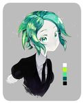  absurdres androgynous bangs collared_shirt color_guide cropped_torso gem_uniform_(houseki_no_kuni) green_hair grey_background highres houseki_no_kuni looking_at_viewer necktie perico phosphophyllite shiny shiny_hair shirt short_hair simple_background solo sparkle white_skin wing_collar 