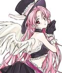  angel_wings black_gloves choker feathered_wings from_side full_moon_wo_sagashite gloves hands_together hat kumi_(pixiv613849) long_hair looking_back meroko_yui pink_eyes pink_hair solo top_hat white_background white_wings wings 