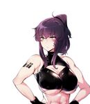  absurdres bangs barcode bare_shoulders black_gloves blush breasts cleavage cleavage_cutout closed_mouth commentary_request crop_top crop_top_overhang gloves highres large_breasts long_hair original pocari_sweat_(artist) ponytail purple_hair red_eyes solo sweat toned underboob upper_body 