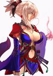  blue_eyes breasts cleavage contrapposto cowboy_shot criss-cross_halter cropped_legs detached_collar detached_sleeves fate/grand_order fate_(series) fujitsubo_(hujitubo0731) hair_ornament halterneck highres jewelry katana large_breasts magatama_necklace miyamoto_musashi_(fate/grand_order) navel navel_cutout o-ring o-ring_top pink_hair profile sheath short_ponytail simple_background single_earring single_sidelock solo standing sword weapon wide_sleeves 