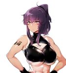  bangs barcode bare_shoulders black_gloves blush breasts cleavage cleavage_cutout closed_mouth commentary_request crop_top crop_top_overhang gloves highres large_breasts long_hair original pocari_sweat_(artist) ponytail purple_hair red_eyes solo sweat toned underboob upper_body 