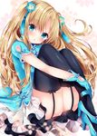  ass black_legwear blonde_hair blue_eyes blue_gloves commentary_request garter_straps gloves hair_ornament high_heels leg_hug long_hair looking_at_viewer nogi_takayoshi original solo thighhighs two_side_up 