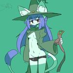  artist_request breasts cat furry green_hat purple_hair short_pants witch_hat yellow_eyes 