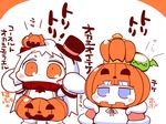  arms_up bangs blue_eyes blunt_bangs blush_stickers cloak collar comic commentary_request enemy_aircraft_(kantai_collection) hat horns jack-o'-lantern kantai_collection long_hair mittens multiple_girls northern_ocean_hime northern_water_hime orange_eyes pumpkin_costume sako_(bosscoffee) shinkaisei-kan sitting sitting_on_head sitting_on_person top_hat translation_request white_hair 