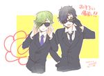  :&gt; adjusting_eyewear black_gloves black_neckwear blush_stickers eiko_(ei1521) flower formal gloves green_hair hand_on_hip male_focus multiple_boys necktie purple_neckwear shokudaikiri_mitsutada suit sunglasses touken_ranbu touken_ranbu:_hanamaru uguisumaru yellow_eyes 