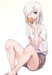  bare_legs belt brown_shorts commentary_request eating food grey_eyes hair_over_one_eye highres holding holding_food oopartz_yang open_mouth original sandals shirt short_hair short_sleeves shorts simple_background sitting solo uma_(oopartz_yang) white_background white_hair white_shirt 