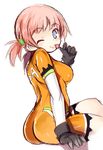 ;p arm_support ass bangs black_gloves blush bodysuit breasts closed_mouth eyebrows_visible_through_hair from_side gloves hair_tie kurasuke long_hair long_sleeves looking_at_viewer looking_to_the_side medium_breasts mezzo_forte one_eye_closed orange_bodysuit pink_hair short_twintails sidelocks sitting sketch smile solo suzuki_mikura tongue tongue_out twintails 