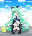  ass black_legwear blue_neckwear blue_sky bucket bucket_of_water choker cloud cloudy_sky commentary_request day detached_sleeves eighth_note fishing fishing_rod green_eyes green_hair hair_between_eyes hair_ribbon highres holding horizon kantai_collection long_hair looking_at_viewer musical_note panties pantyshot pantyshot_(sitting) pleated_skirt ribbon school_uniform serafuku sitting skirt sky solo tachibana_hiroki thighhighs underwear white_panties yamakaze_(kantai_collection) 