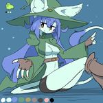  artist_request boots cat fingerless_gloves furry green_hat purple_hair short_pants witch_hat yellow_eyes 