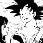  1girl black_eyes chi-chi cloud dragon_ball eye_contact greyscale happy looking_at_another miiko_(drops7) monochrome nyoibo open_mouth simple_background smile son_gokuu talking white_background 