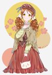  absurdres bag bajiang brown_hair dated flower hair_ornament hairclip hand_up handbag hat highres lolita_fashion looking_at_viewer original red_skirt skirt smile standing twintails yellow_eyes 