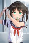  adjusting_hair armpit_peek bangle bangs belly_peek black_hair blurry bracelet buttons commentary_request depth_of_field green_eyes hair_ornament hair_tie hair_tie_in_mouth hairclip hands_up highres jewelry long_hair looking_at_viewer mouth_hold original racchi. school_uniform serafuku shirt short_sleeves solo twintails tying_hair upper_body white_shirt 