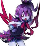  black_sclera fang glowing glowing_eyes hands_on_hips highres monster_girl musume neck_ribbon nishiide_kengorou open_mouth pointy_ears purple_hair purple_skin ribbon side_ponytail simple_background sleeveless solo v_yuusha_no_kuse_ni_namaiki_da_r yuusha_no_kuse_ni_namaiki_da 