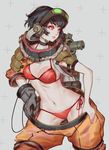  armor bikini black_gloves black_hair black_neckwear breasts choker commentary cowboy_shot gloves goggles goggles_on_head grey_background hazmat_suit headphones highres jacket large_breasts legs_apart looking_away looking_to_the_side microphone navel original parted_lips pink_lips red_bikini red_eyes saimon_ma short_hair single_glove solo standing swimsuit undressing 