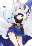  animal_ears annojou_haruto azur_lane blue_eyes breasts cleavage collarbone commentary_request eyeshadow fox_ears fox_tail highres japanese_clothes kaga_(azur_lane) large_breasts looking_at_viewer makeup multiple_tails pleated_skirt short_hair sketch skirt smile solo tail twitter_username white_hair 