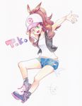  black_footwear black_jacket black_legwear blue_shorts brown_hair eyebrows_visible_through_hair face full_body green_eyes hat jacket long_hair moegi_itsukashi open_mouth pink_background pokemon pokemon_(game) pokemon_bw ponytail shirt shoes shorts simple_background smile smiley_face touko_(pokemon) white_hat white_shirt 