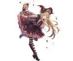  bangs blonde_hair boots dress frills full_body granblue_fantasy holding knee_boots leg_up long_hair minaba_hideo official_art oil_lamp open_mouth petals pointy_ears puffy_short_sleeves puffy_sleeves red_eyes shadowverse shingeki_no_bahamut short_dress short_sleeves smile solo striped striped_legwear transparent_background vampy 