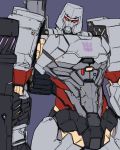  1boy arm_cannon ban cannon commentary decepticon glowing insignia machinery mecha megatron no_humans oldschool red_eyes robot science_fiction transformers translation_request weapon 