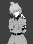  alternate_costume armband arms_behind_back belt bonkiru breasts commentary commentary_request greyscale highres japari_symbol kemono_friends large_breasts looking_to_the_side lucky_beast_(kemono_friends) monochrome shoebill_(kemono_friends) side_ponytail ss_insignia ss_uniform uniform 