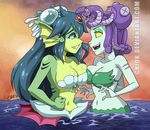  asymmetrical_docking blue_hair breast_press breasts cala_maria_(cuphead) chiok clenched_hand crossover cuphead_(game) deviantart_username eye_contact eyeshadow face-to-face forehead_jewel forked_tongue from_side giga_mermaid gills gorgon green_skin grin head_fins large_breasts looking_at_another makeup mermaid monster_girl multiple_girls navel open_mouth outdoors partially_submerged profile red_eyes shantae:_half-genie_hero shantae_(series) shell shell_bikini signature slit_pupils smile snake_hair strapless sunset tongue water watermark web_address 